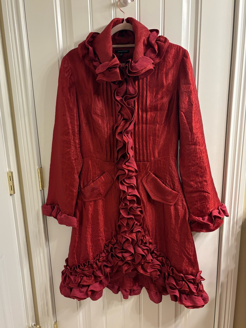 Samuel Dong Tafetta Ruffle Trench Dress Coat Womens Size S Dark Red Missing Belt